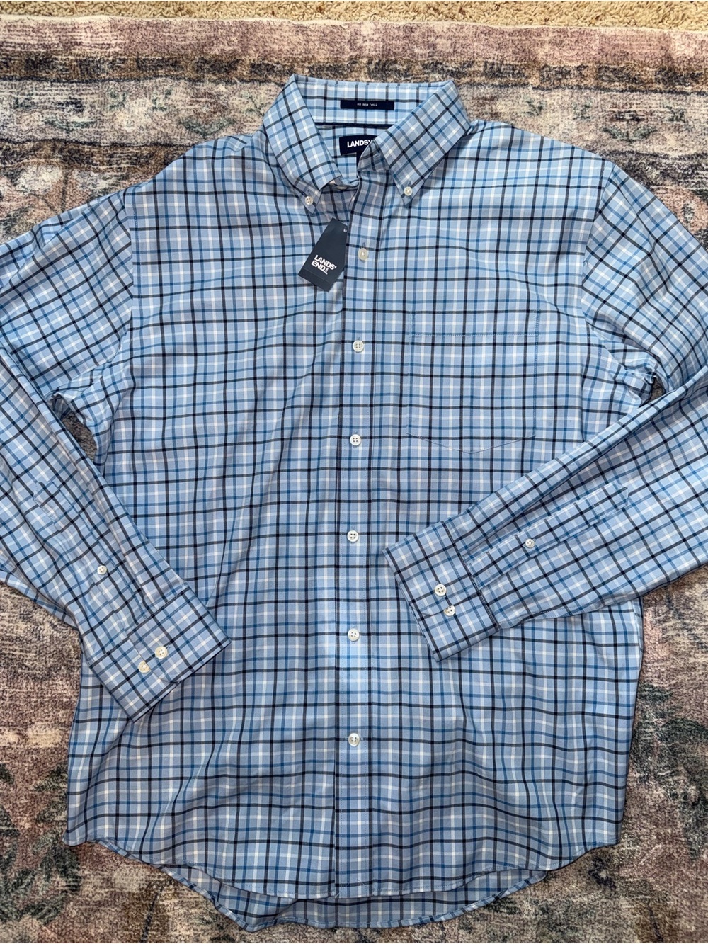 Lands' End Light Blue and Navy Plaid Button-Down Shirt
